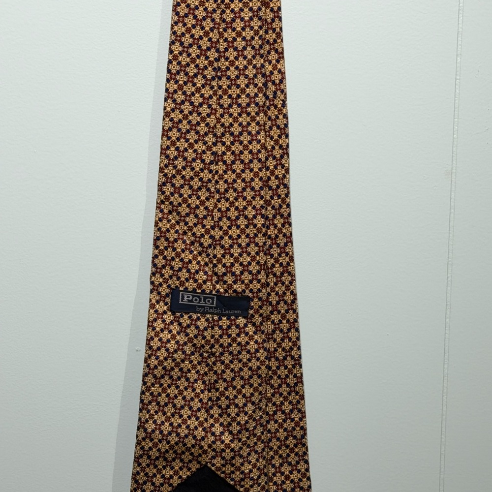 Polo by Ralph Lauren Gold, Blue Maroon Geometric 100%Silk Tie Preppy Old Money